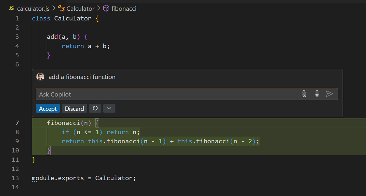 First response from Copilot for a function to calculate Fibonacci numbers