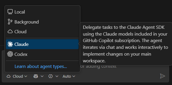 Screenshot showing session type dropdown with Claude agent option selected