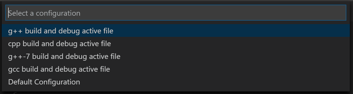 C++ debug configuration dropdown