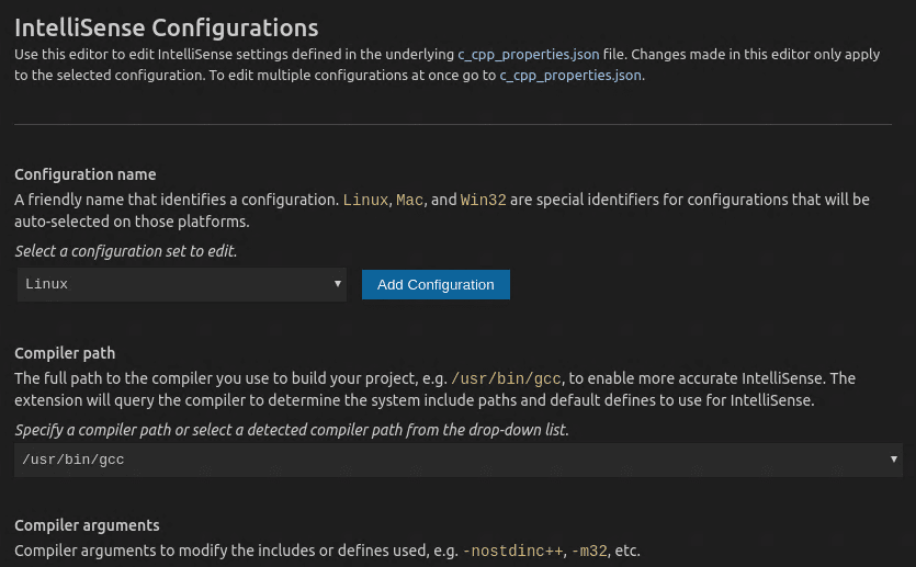 IntelliSense configuration window