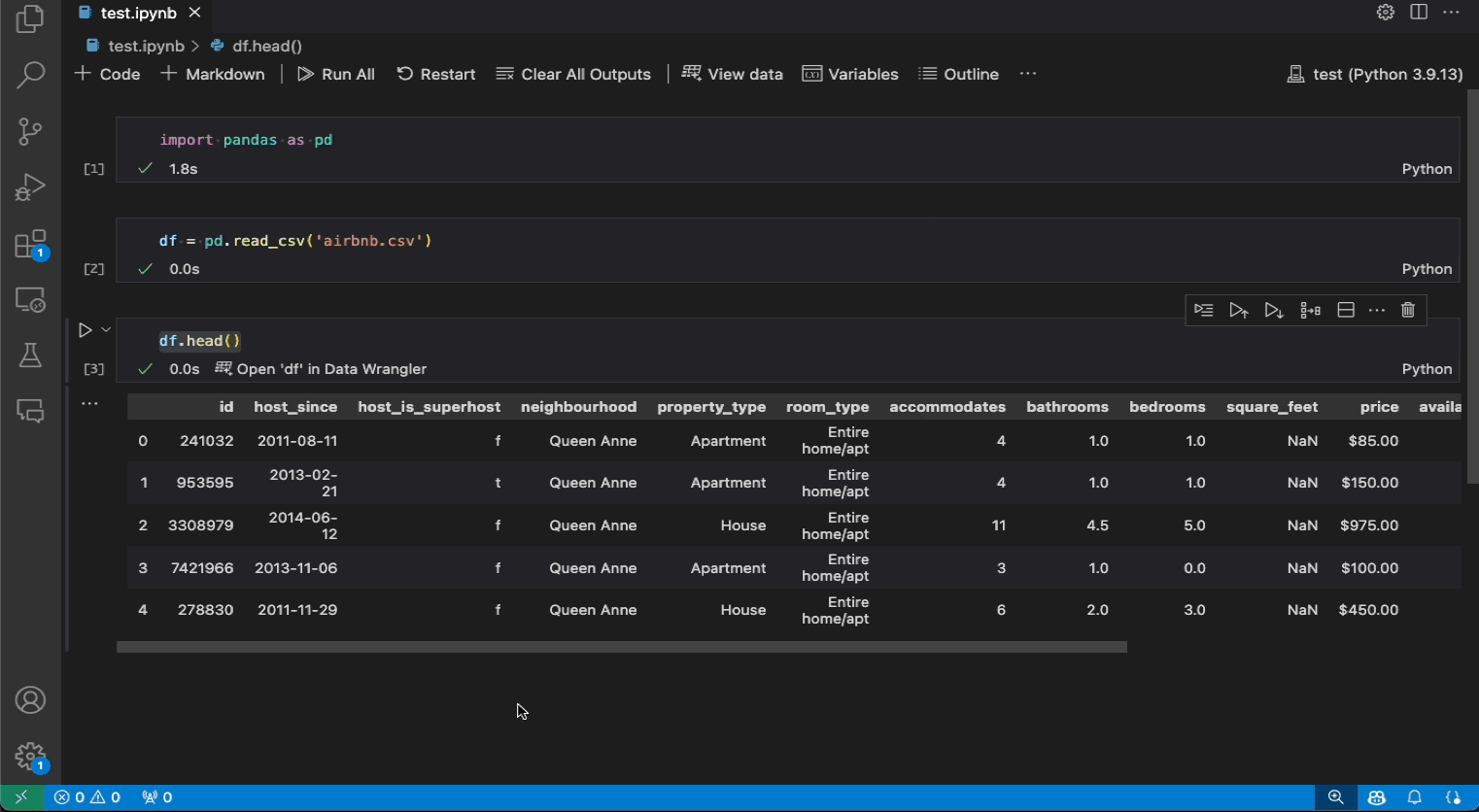 a gif of opening Data Wrangler from a notebook, looking through the data, switching from Viewing to Editing mode, applying data transformations, and exporting the generated Python code back into the notebook