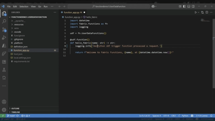 GIF that shows how to use Git integration with User data functions