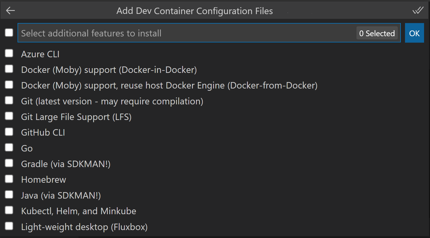 Dev container features in Command Palette