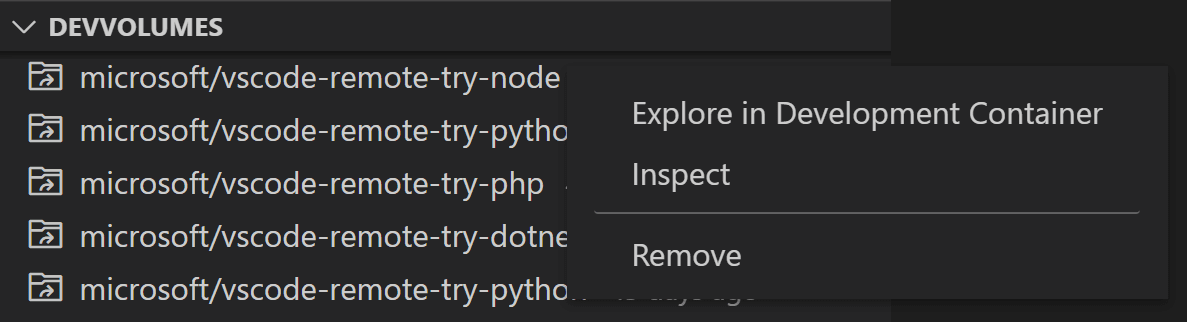 Right-click dev volumes in Remote Explorer