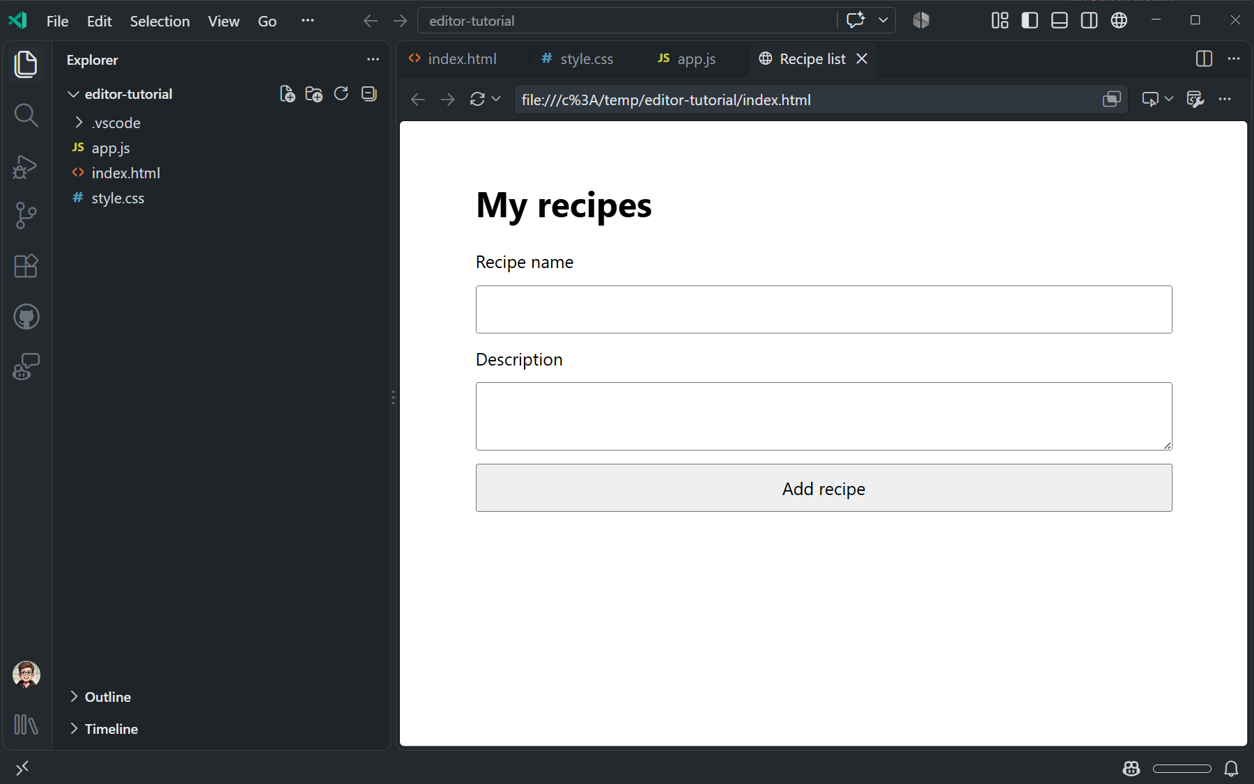 Screenshot of the completed recipe app in the integrated browser