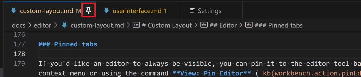 Pinned editor tab with pin button highlighted