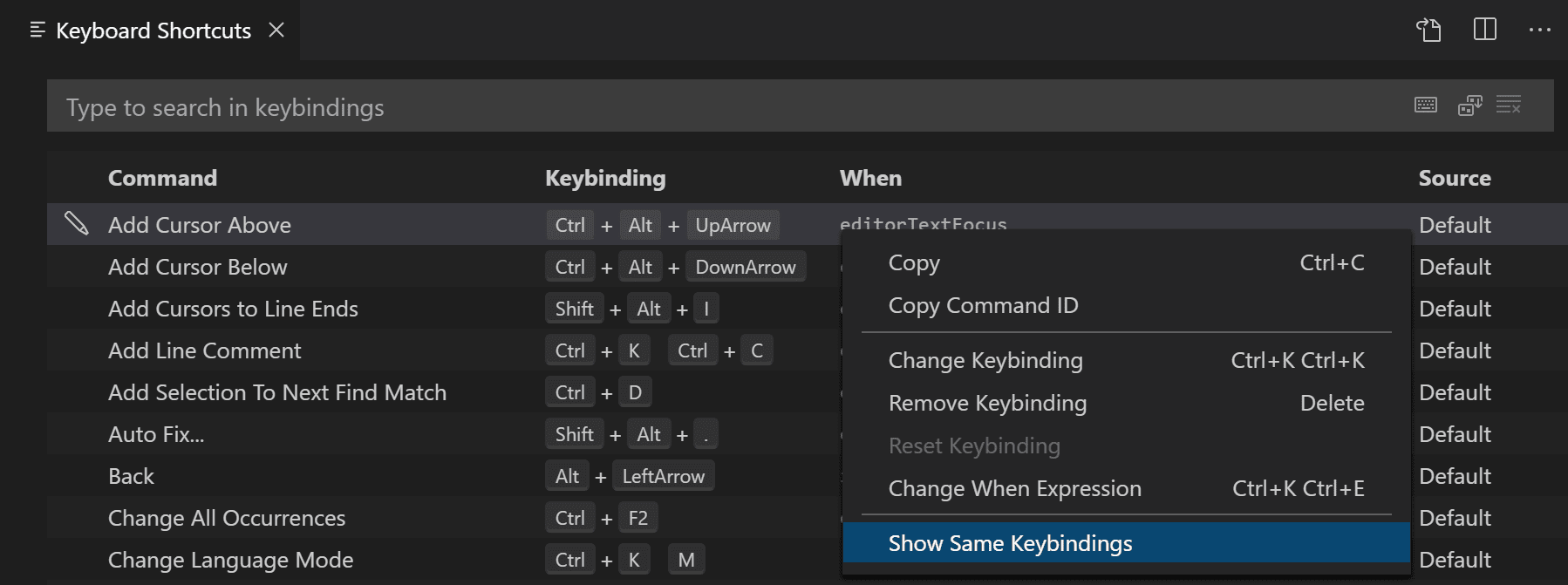 show keyboard shortcut conflicts menu