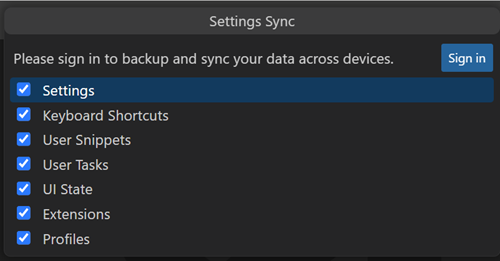 Screenshot of the Settings Sync configure Quick Pick to select the settings to synchronize.