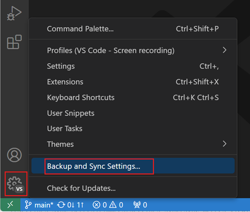 Screenshot of the Manage menu, highlighting the Backup and Sync Settings command.