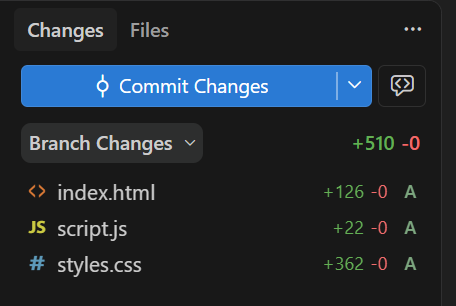 Screenshot of the Changes panel in the Agents window, showing the list of files changed by the agent.