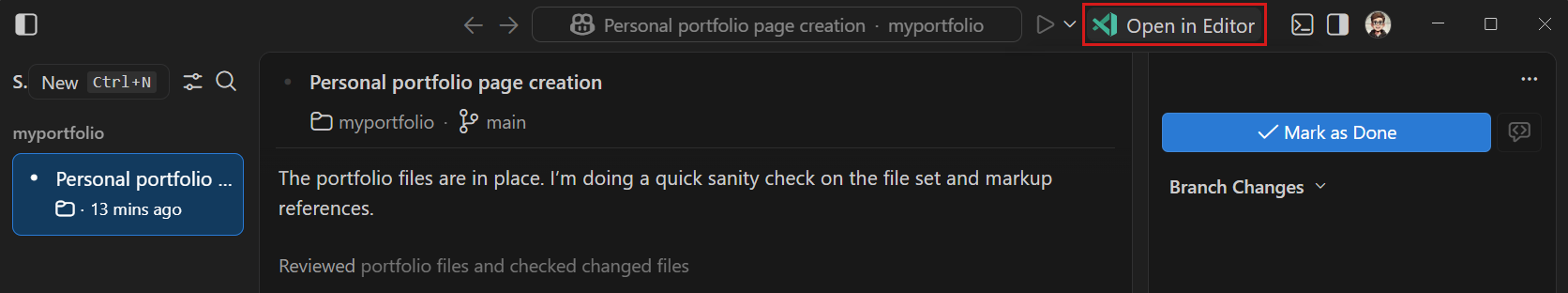 Screenshot of the Open in Editor button in the Agents window title bar.