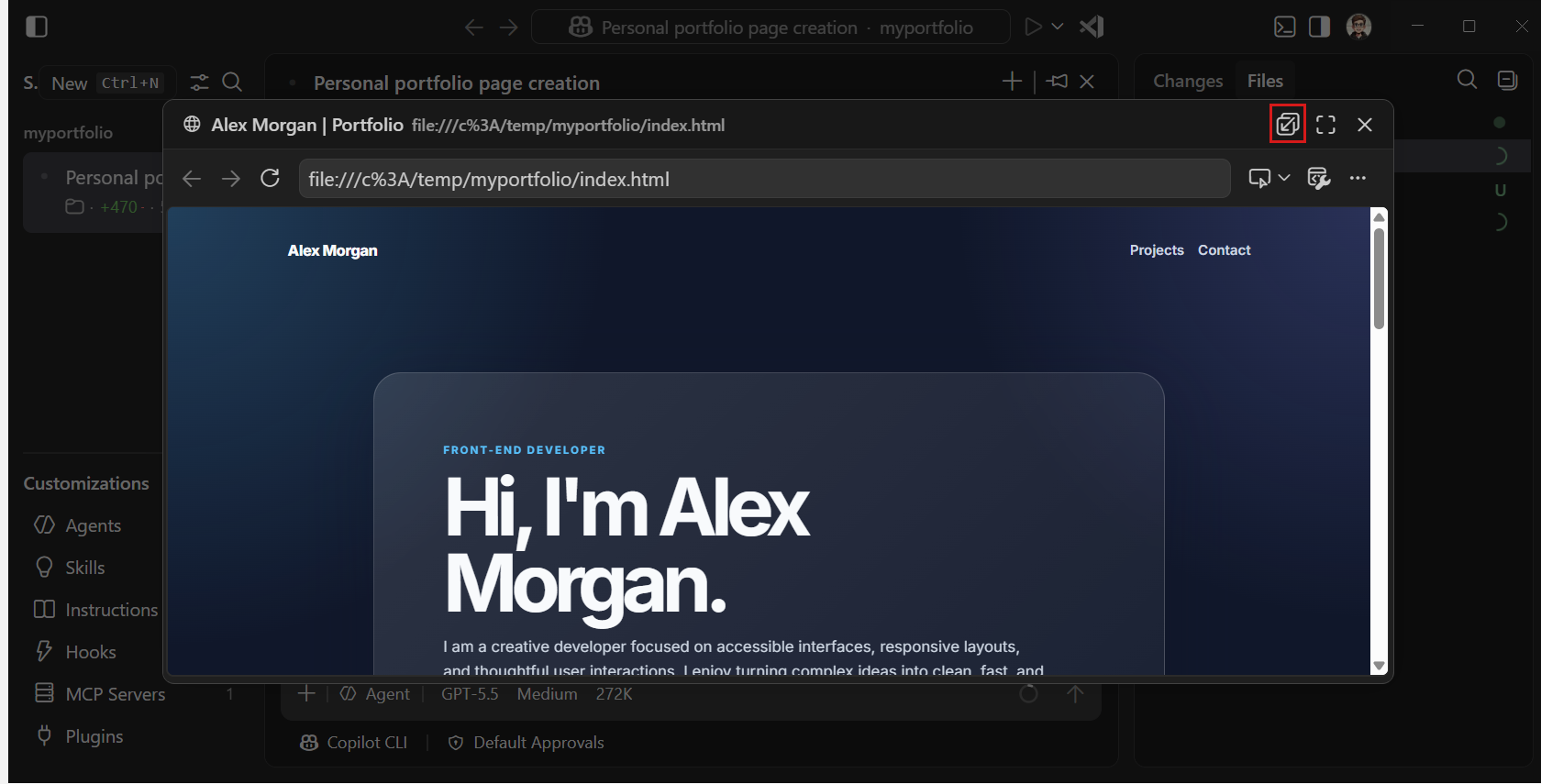 Screenshot of the portfolio page open in the integrated browser in the Agents window.