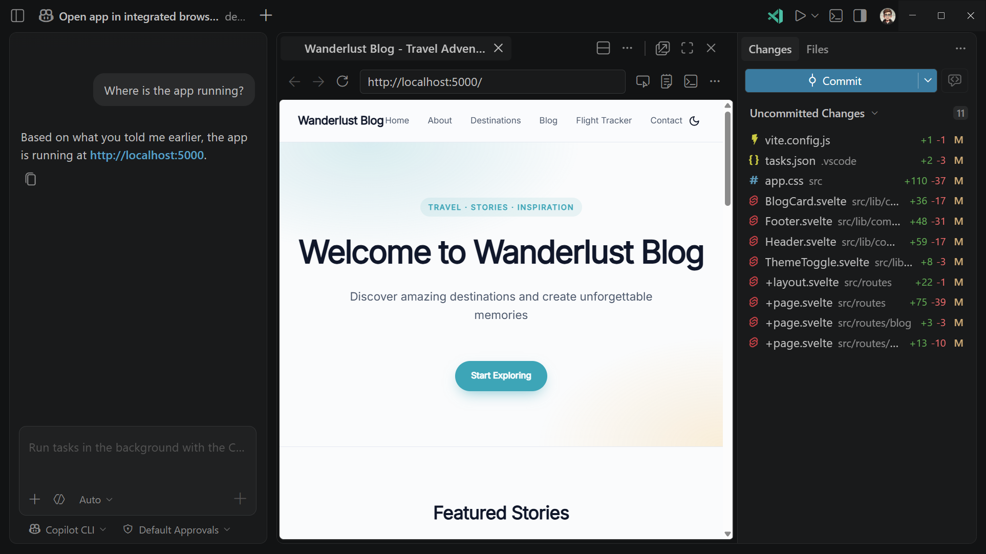 Screenshot of the Agents window with the integrated browser showing a development website and the changes panel showing a list of changes.