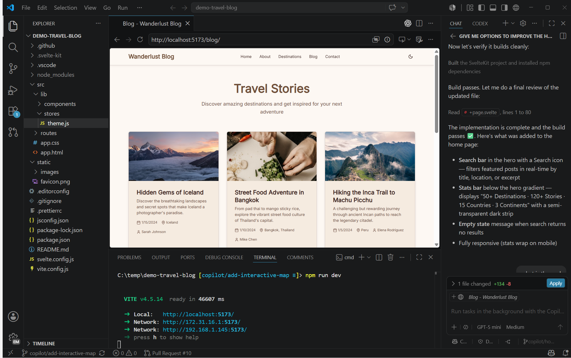 Screenshot showing the Explorer, editor, integrated browser, terminal, and Chat view in VS Code.