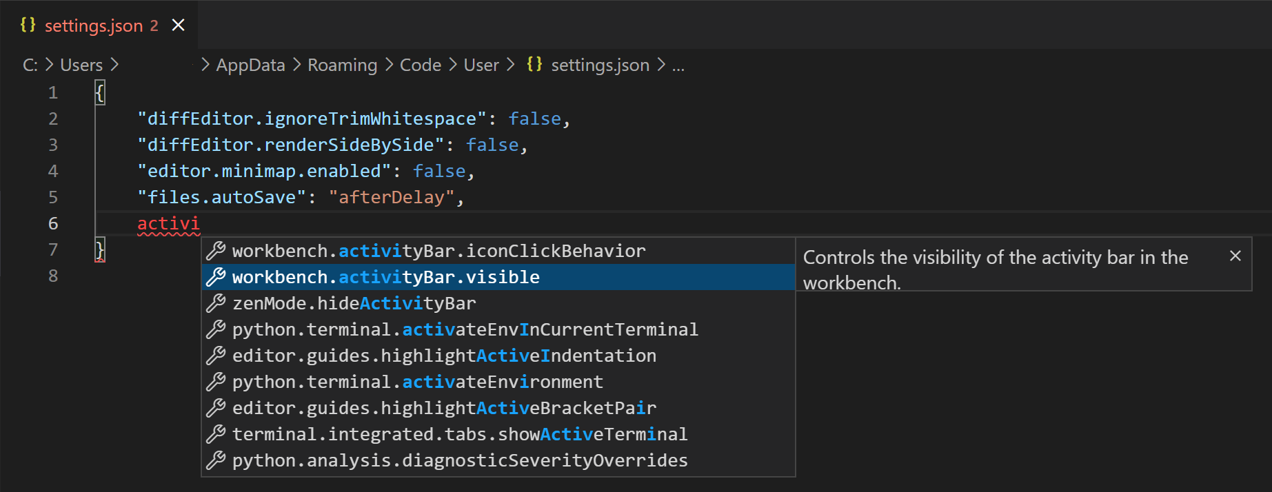 IntelliSense for settings.json open in the editor