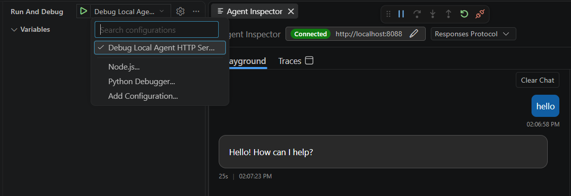 Screenshot showing the local agent debug configuration and Agent Inspector connected to localhost on port 8088 with a successful response.