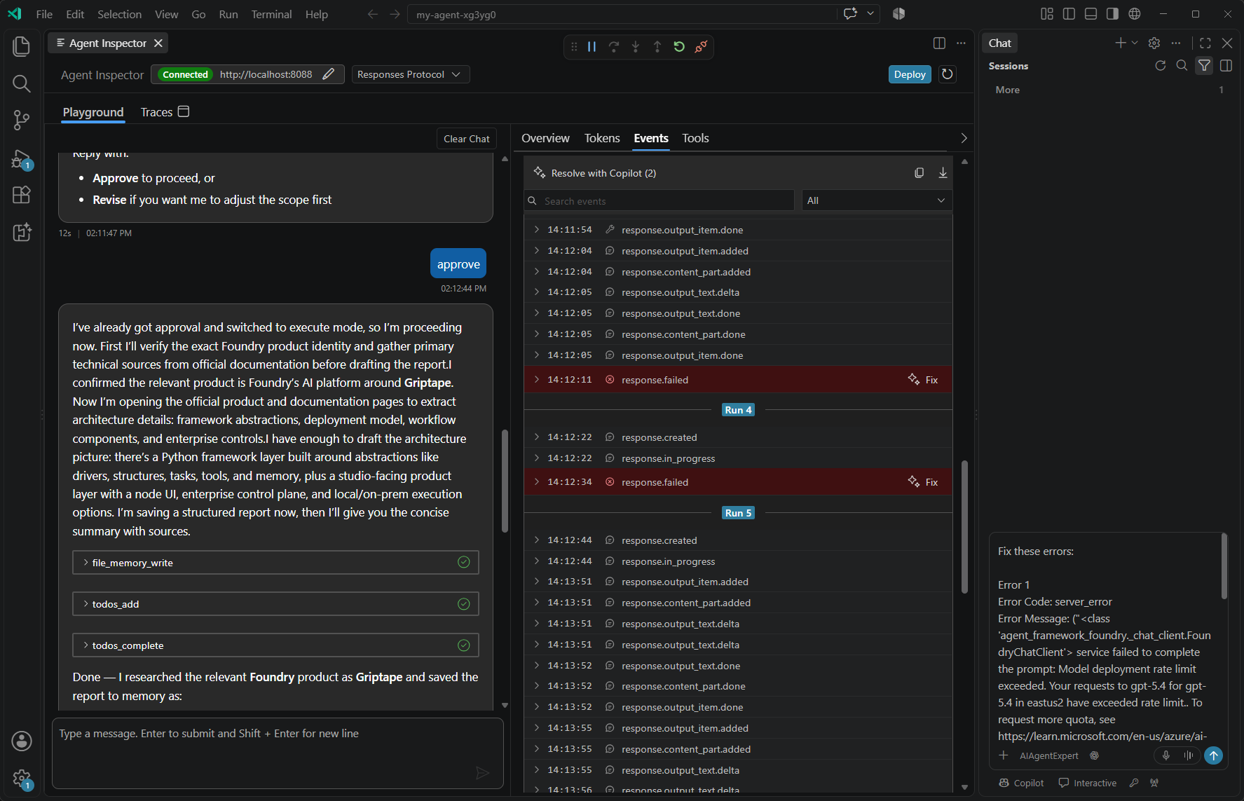 Screenshot showing Agent Inspector's Events tab with failed responses, search and filter controls, copy and download actions, and diagnostic details prepared in Copilot Chat.