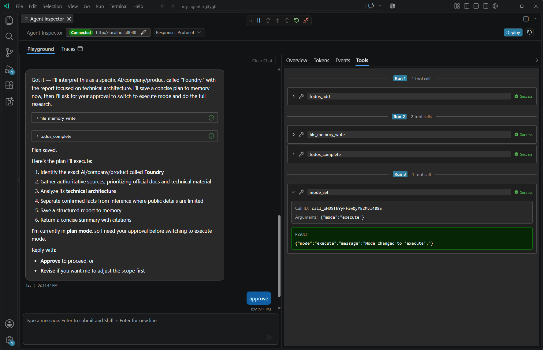 Screenshot showing Agent Inspector's Tools tab with calls grouped by run and an expanded tool call displaying its arguments and result.
