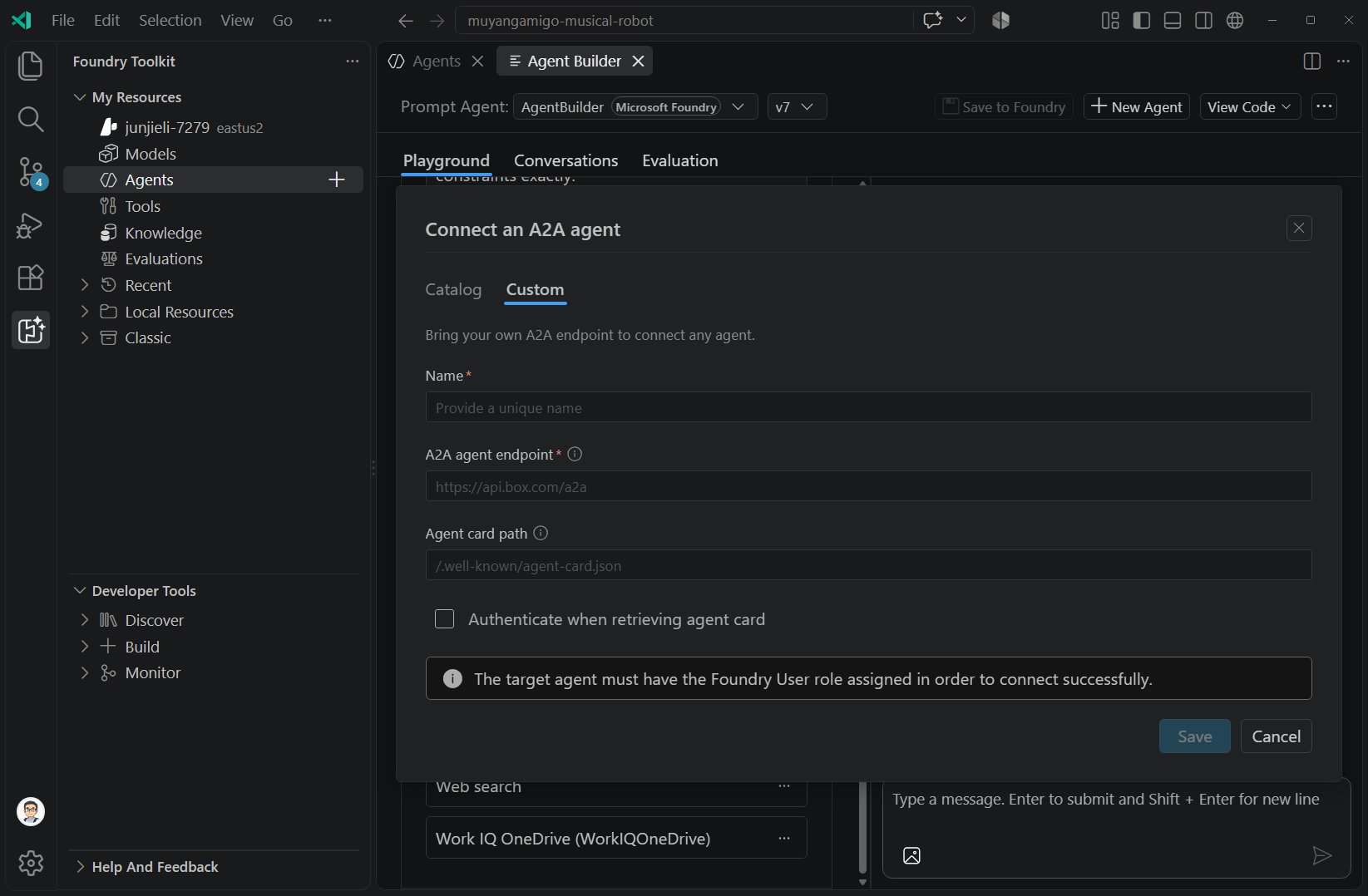 Screenshot showing the Custom tab in the Connect an A2A agent dialog with fields for the name, HTTPS endpoint, agent card path, and authentication option.