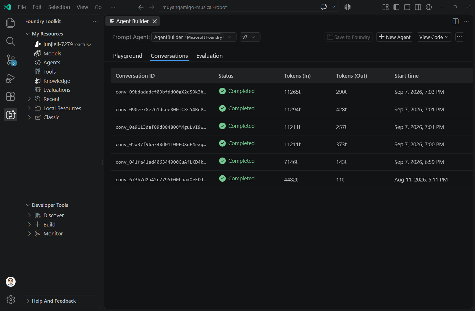 Screenshot showing the Conversations tab in Agent Builder with conversation IDs, completion status, input and output token counts, and start times.