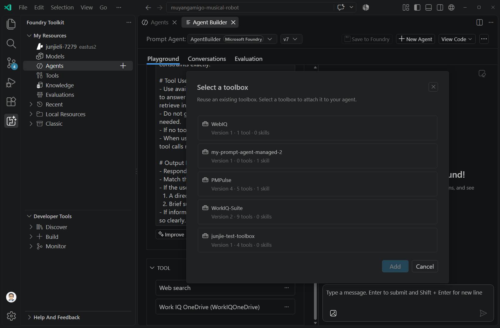 Screenshot showing the Select a toolbox dialog in Agent Builder with available toolboxes, their versions, and tool and skill counts.