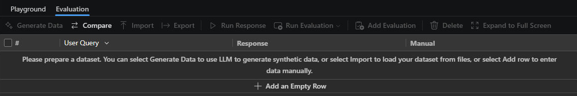 Screenshot showing the empty local-prompt Evaluation grid with User Query, Response, and Manual columns and the Add an Empty Row action.