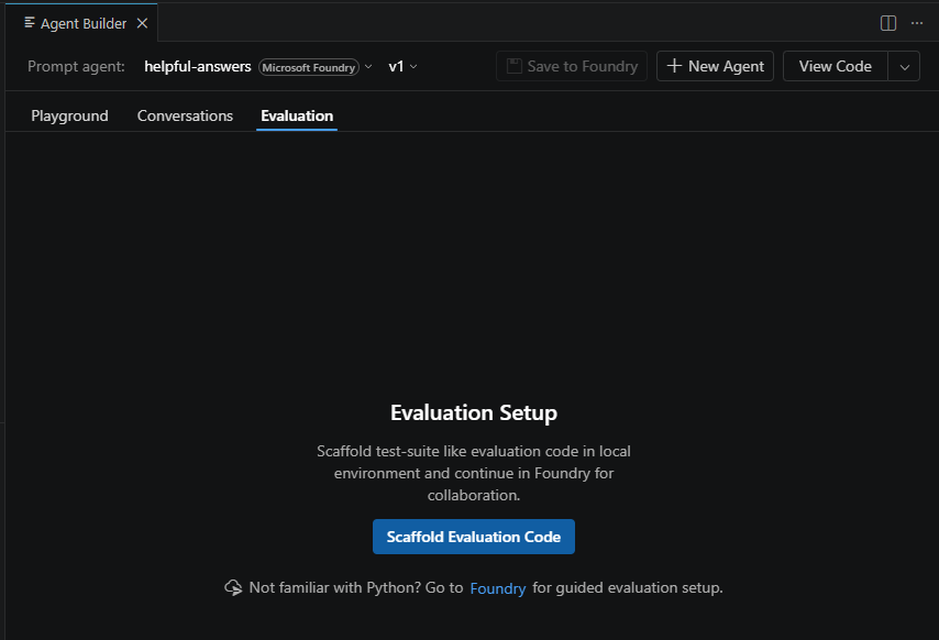 Screenshot showing the evaluation setup feature to scaffold a pytest evaluation project.