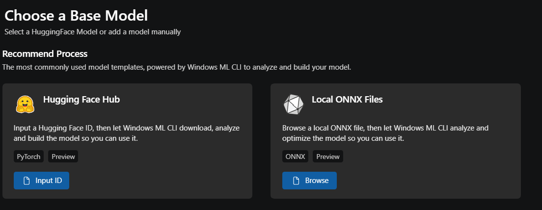 Screenshot that shows the Recommend Process area with Hugging Face Hub and Local ONNX Files cards.
