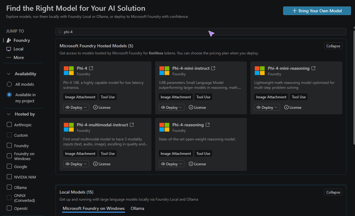 Screenshot showing the Foundry Toolkit Model Catalog filtered to Phi-4 models, with availability and hosting-source filters.