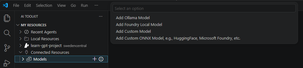 Screenshot of the Foundry Toolkit interface showing the Model Catalog toolbar with the + Add model button highlighted, indicating where users can select to add a new custom model.