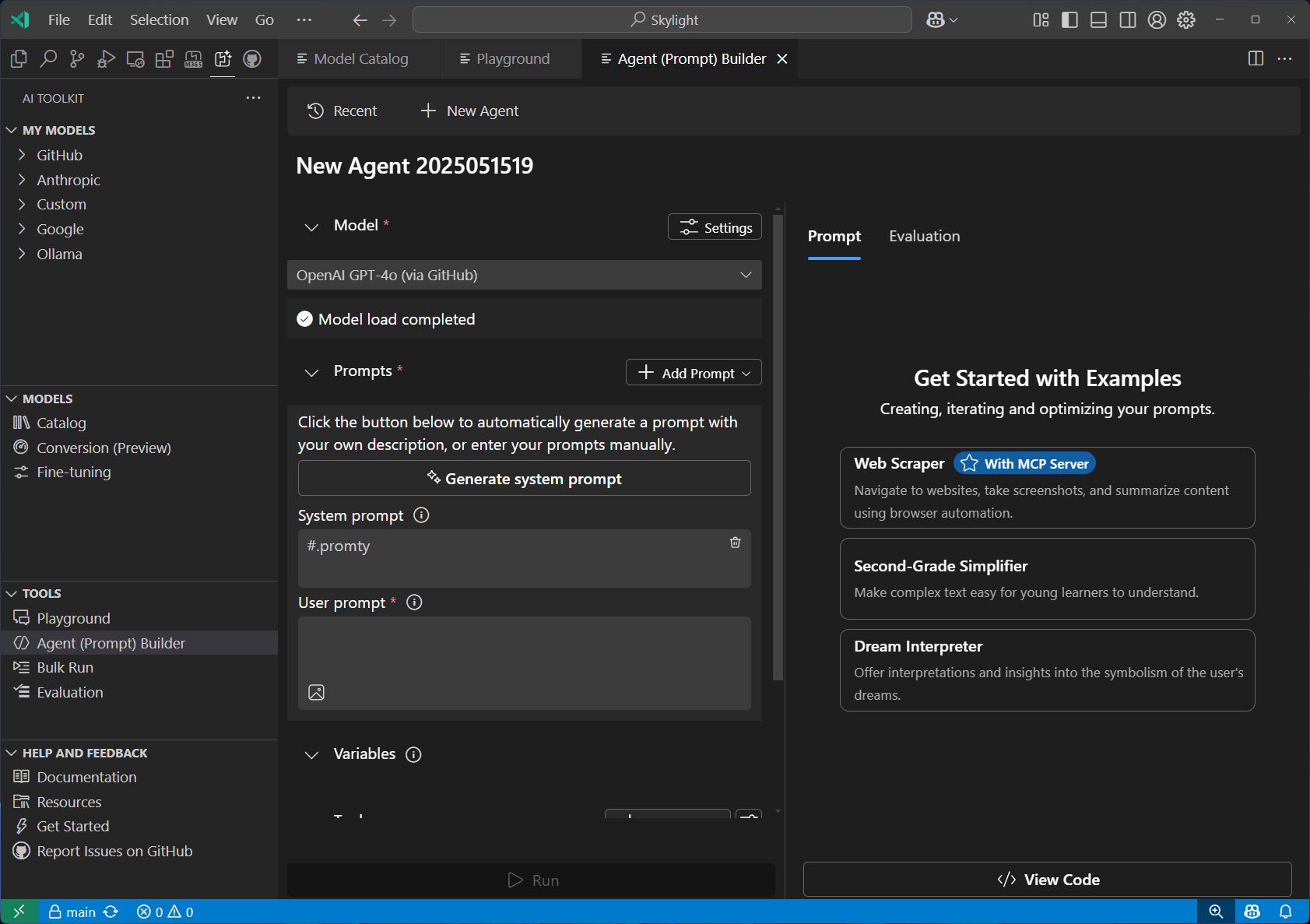 Screenshot showing the Agent (Prompt) Builder interface for creating and managing AI agents
