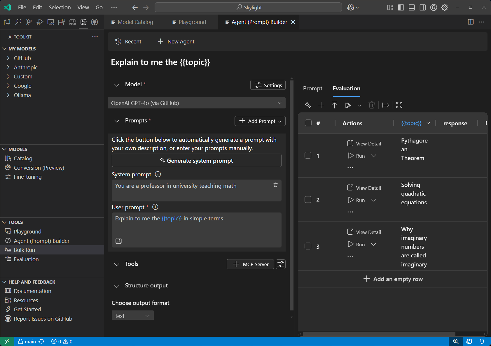 Screenshot showing the Bulk Run interface for batch testing prompts across multiple AI models