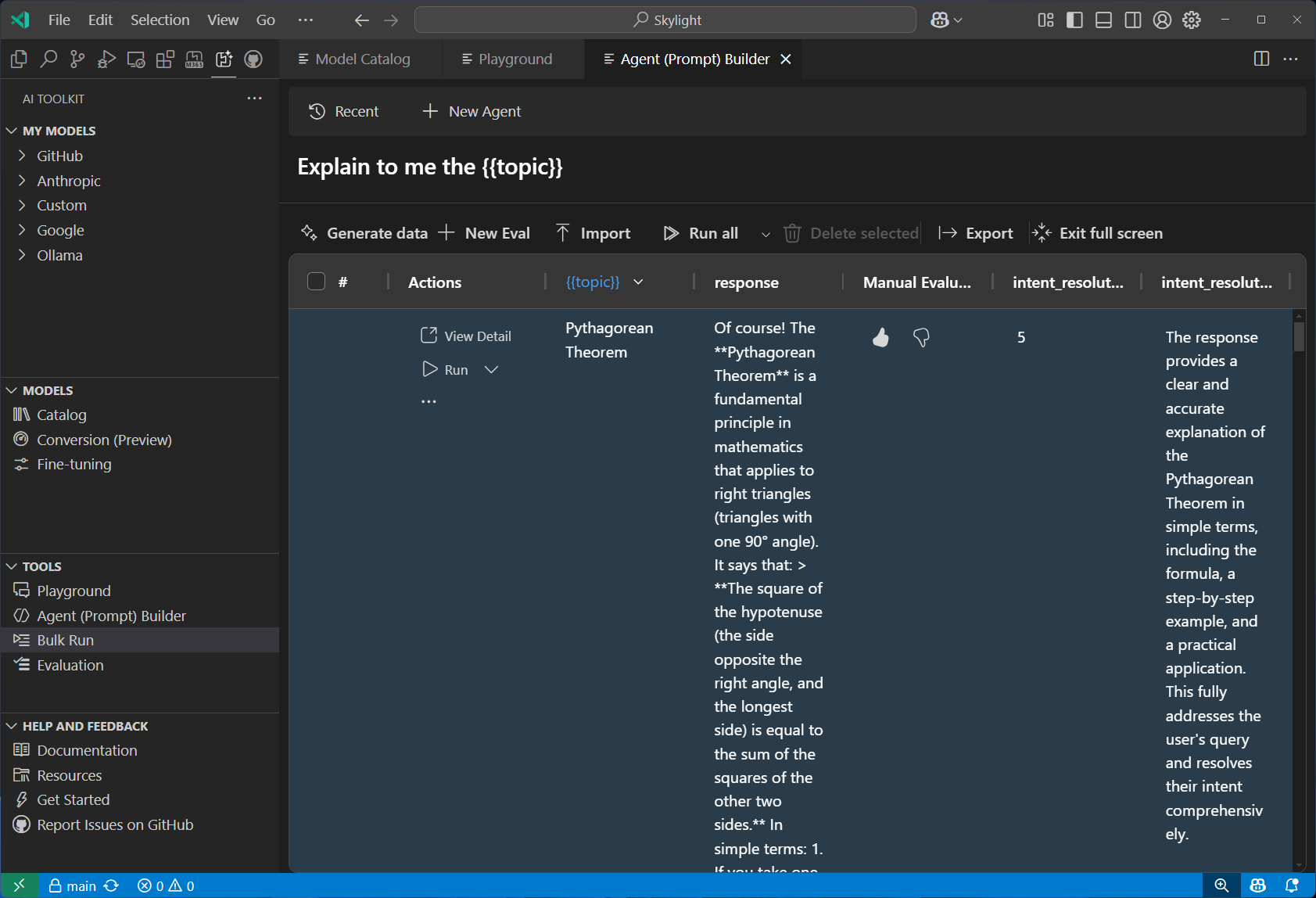 Screenshot showing the Model Evaluation interface with metrics and performance analysis tools
