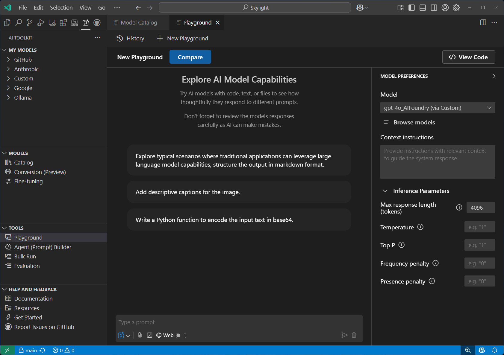 Screenshot showing the AI Toolkit Playground interface with chat messaging and model parameter controls