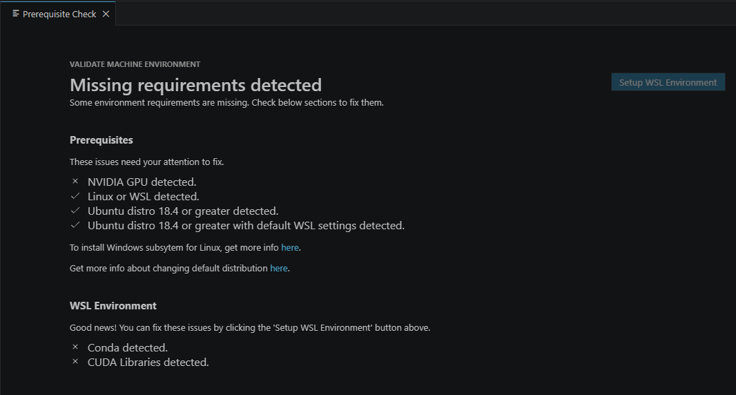 Screenshot showing the Foundry Toolkit Validate environment prerequisites status report"
