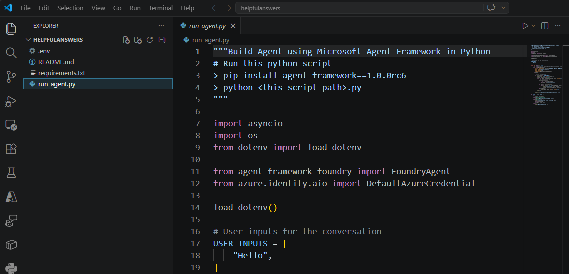 Screenshot of entire project generated Python code to call Prompt Agent
