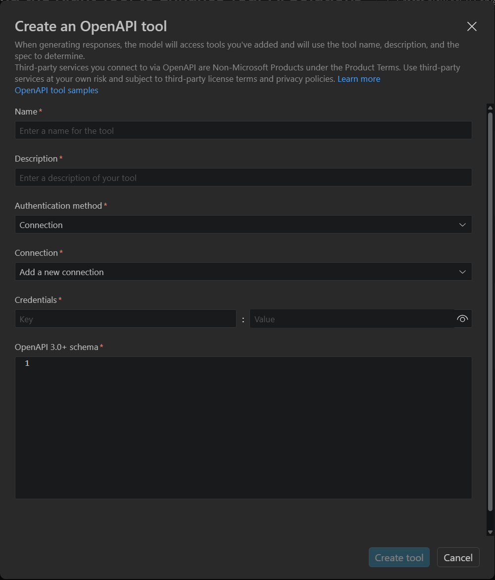 Screenshot showing the custom OpenAPI configuration dialog with name, description, connection credentials, a blank JSON schema editor, and a disabled Create tool button.