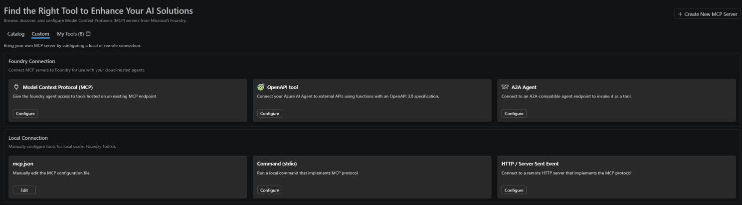 Screenshot showing the Custom tab with separate Foundry Connection and Local Connection cards for MCP, OpenAPI, A2A, stdio, and HTTP servers.