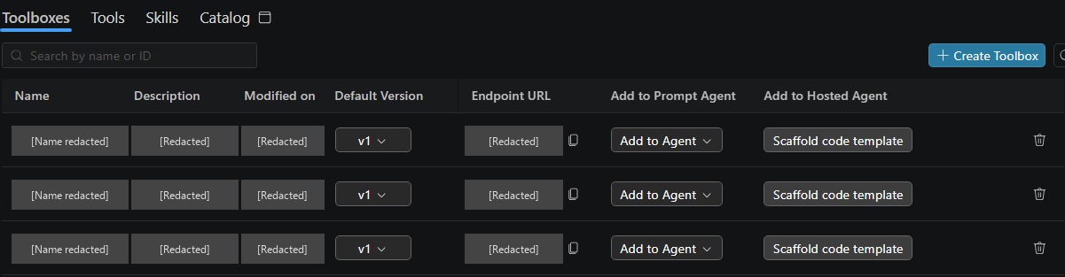 Screenshot showing the Toolboxes list with version, endpoint copy, Add to Agent, Scaffold code template, and delete controls, with private resource details redacted.
