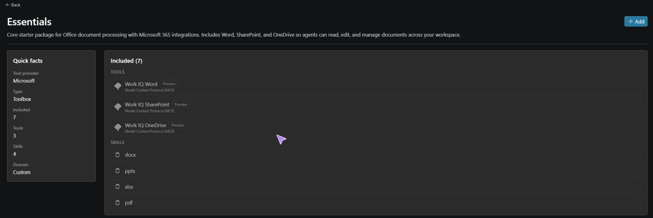 Screenshot showing the Essentials Toolbox template preview with included Work IQ tools, document skills, and the Add button.