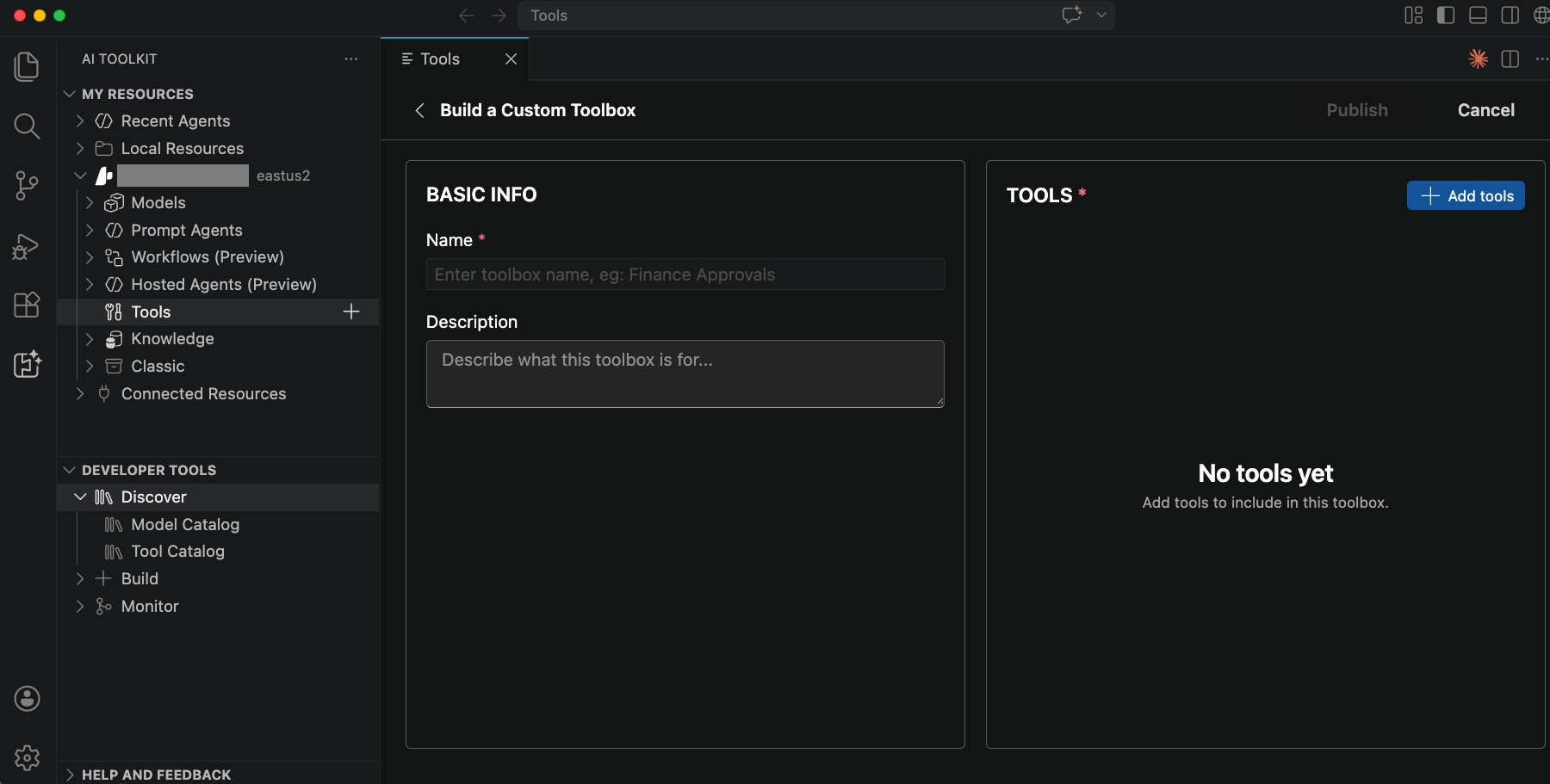 Screenshot showing the Build a Custom Toolbox page in Foundry Toolkit with fields for the toolbox name, description, and selected tools.