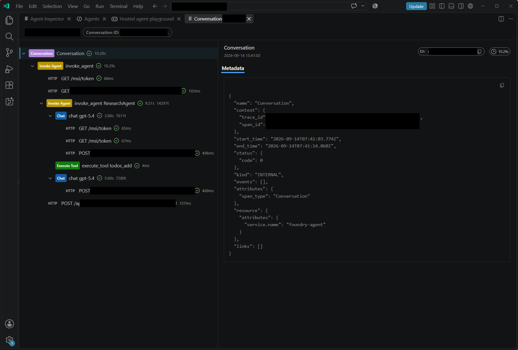 Screenshot showing a hosted-agent conversation view with agent, model, and tool operations alongside metadata, with resource and conversation identifiers redacted.