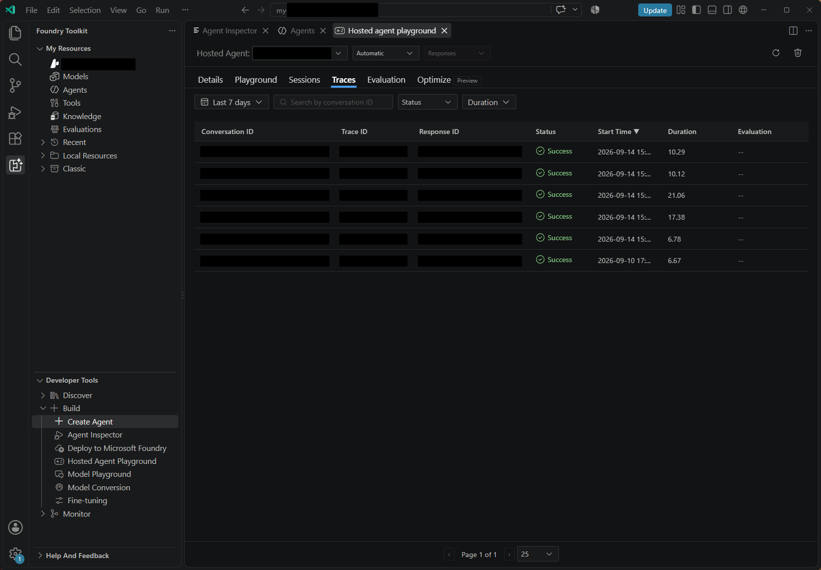 Screenshot showing the hosted-agent Traces tab with time, conversation, status, and duration filters and a list of completed requests, with resource and request identifiers redacted.