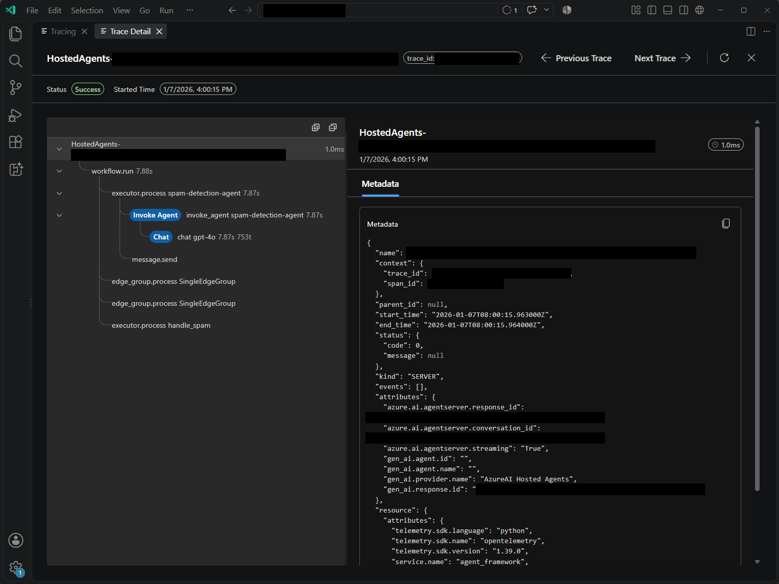 Screenshot showing a local trace with a workflow span tree and the selected span's Metadata tab, with request, trace, and conversation identifiers redacted.
