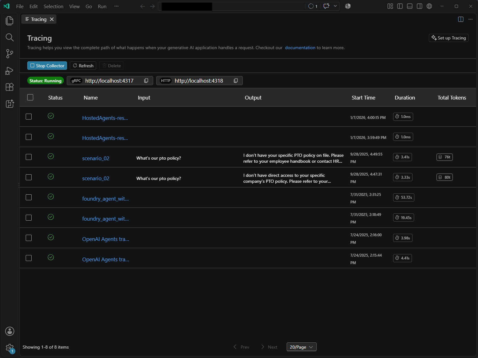 Screenshot showing the running local OTLP collector with gRPC and HTTP endpoints and a populated trace list.