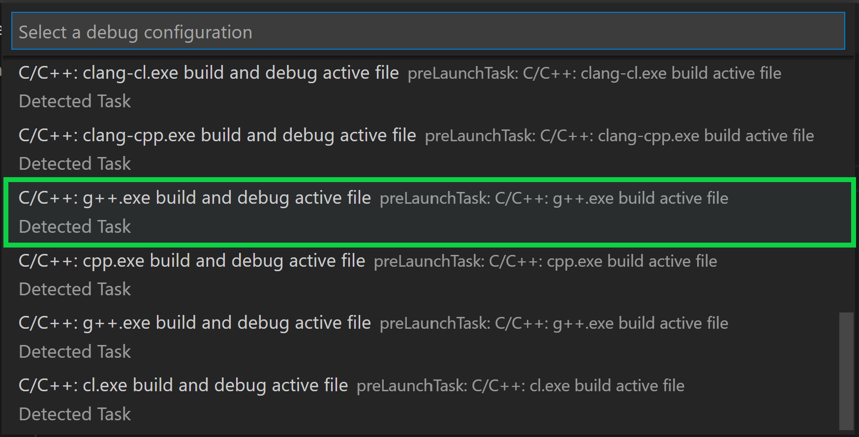 C++ debug configuration dropdown