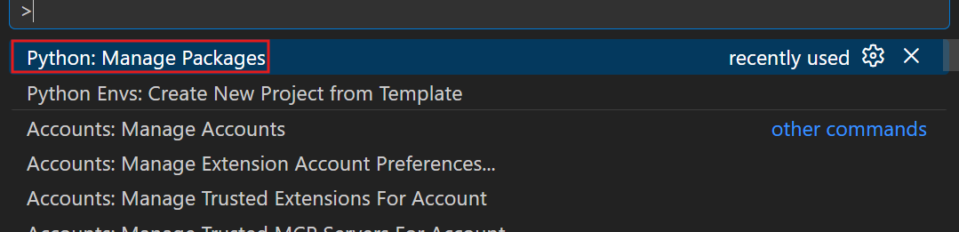 Screenshot showing the Manage Packages dialog with a search box at the top and a scrollable list of packages with checkboxes, indicating installed packages and the total number selected for installation.