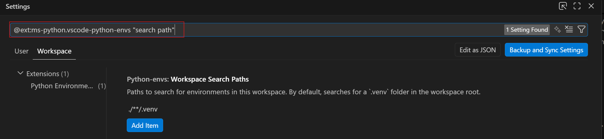 Screenshot showing the VS Code Settings editor filtered to the Python Environments extension, displaying the python-envs Workspace Search Paths setting with a glob pattern entry.