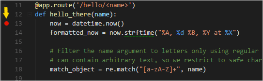 Flask tutorial: a breakpoint set on the first line of the hello_there function