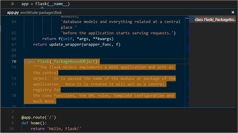 Flask tutorial: peek definition showing the Flask class inline